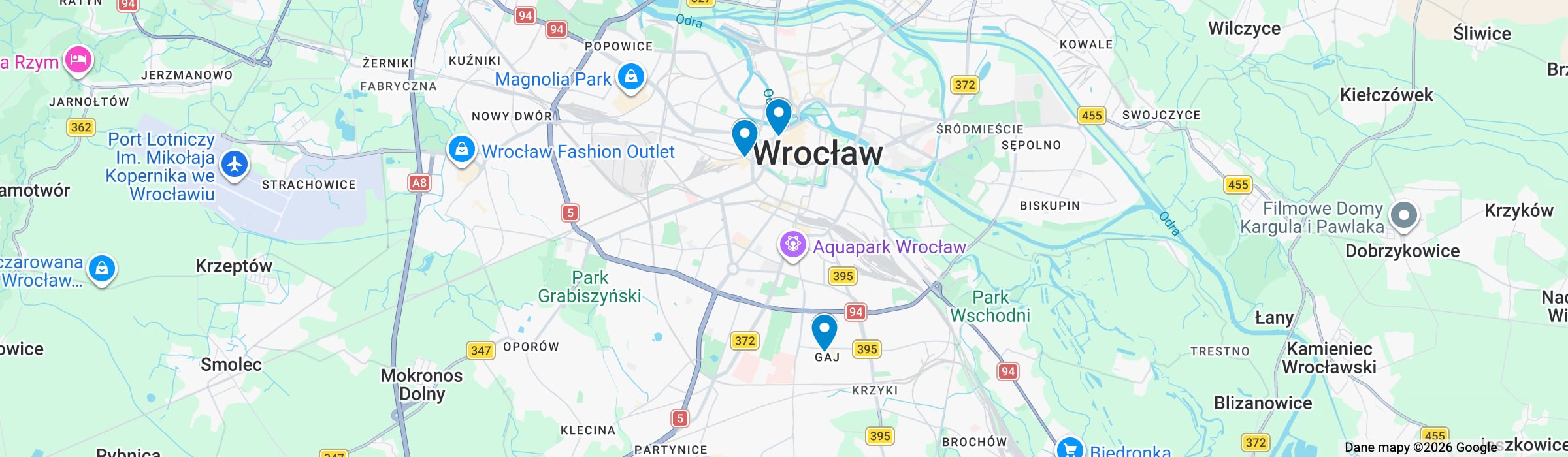 Mapa Wrocławia z lokalami Hulthai: Gaj, Hala Świebodzki i Rynek